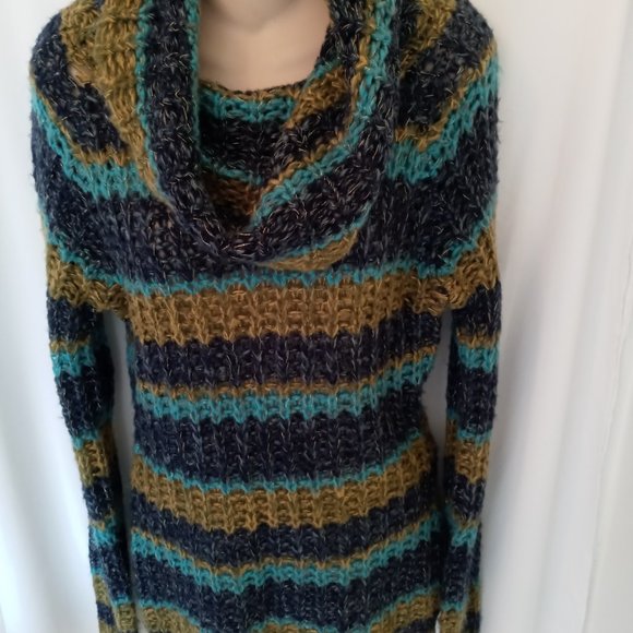 Gorgeous Cowl Neck Open Knit Chunky Sweater Turquoise Blue & Green W Gold Flecks - Picture 6 of 12